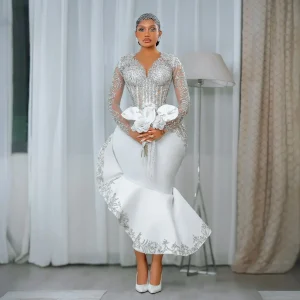 Customized African Long Sleeve Bride Dress Lace Beaded Mermaid Wedding Dress Black Women's Birthday Party Dress Size Up