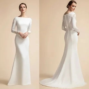 Customized Simple Mermaid Button Wedding Dresses Long Sleeves Ivory Bridal Gowns for Bride Satin Lace Vestidos De Novia 2024