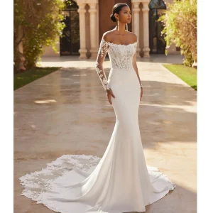 Gorgeous White Wedding Dresses Off Shoulder Full Sleeve Robes de Soriee with Lace Appliques Long Vestido De Noiva Customized