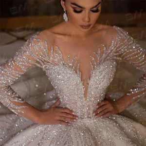 Beaded Sexy Bride Dresses Vestidos De Novia Luxury Hand Beaded Long Sleeve Wedding Dress Ball Gown Long Chapel Train