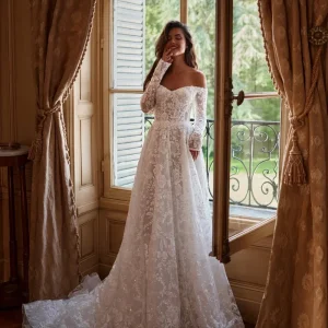 Customized Luxury VeraNova Wedding Dresses Shiny Lace Appliques Sweetheart Neck Bridal Gown Off Shoulder Dresses For Bride