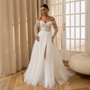 Customized Off Shoulder Long Sleeve Pearl Beaded Wedding Dress Elegant High Slit Bridal Dress for Women Glamorous Bridal Gown