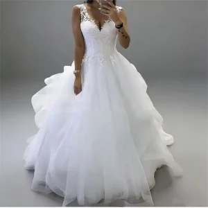 Customized Elegant A-line Ball Gown Wedding Dresses Lace Appliques Sexy V Neck Sleeveless Bride Bridal Gowns Vestidos De Noiva