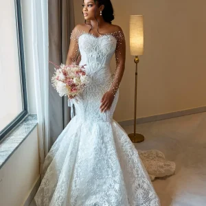 Elegant Sweetheart Mermaid Wedding Dress Off Shoulder Lace Pearl Princess Bridal Dress African Girls Plus Size Bride Dress Custo