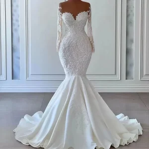 Customized Elegant Mermaid Wedding Dresses Sheer Neck Long Sleeve Lace Sequins Appliques Bridal Gowns Vestido De Noiva
