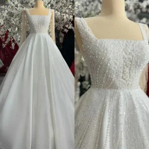Customized Elegant A-Line Wedding Dresses Square Collar Pearls Beading Sleeveless Bridal Gowns Prom Dresses Vestido de novia