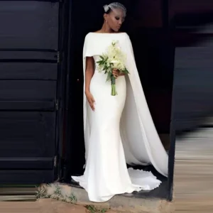 Simple Mermaid Wedding Dresses with Cape Elegant Bateau Bridal Gowns Cheap White Bridal Party Dress
